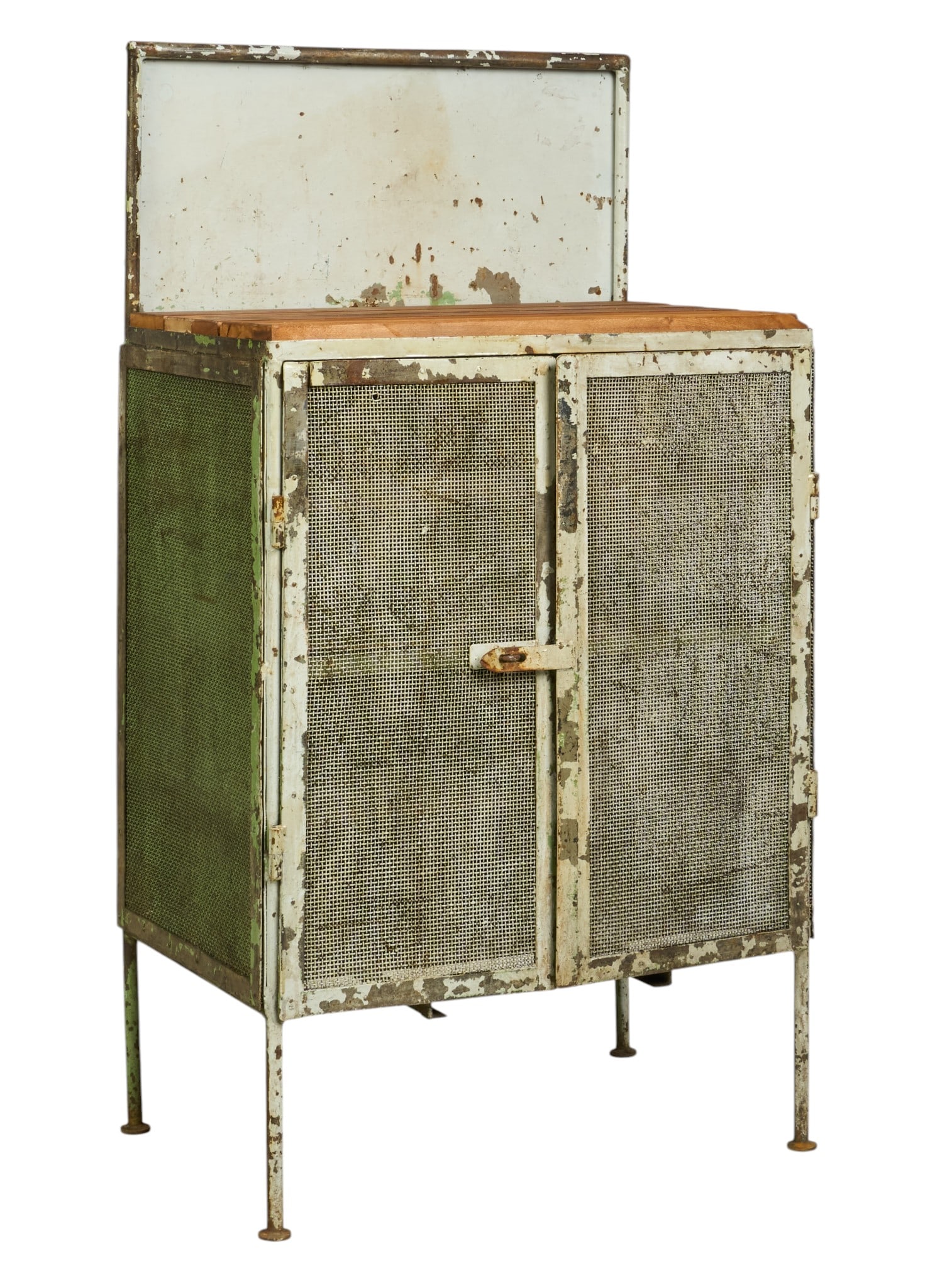 Industrial Cabinet: Rustic metal industrial cabient with mesh grate doors with interior shelving, and wood plank countertop, supported on metal pin legs height 59 in. x width 31.5 in. x depth 21 in. 