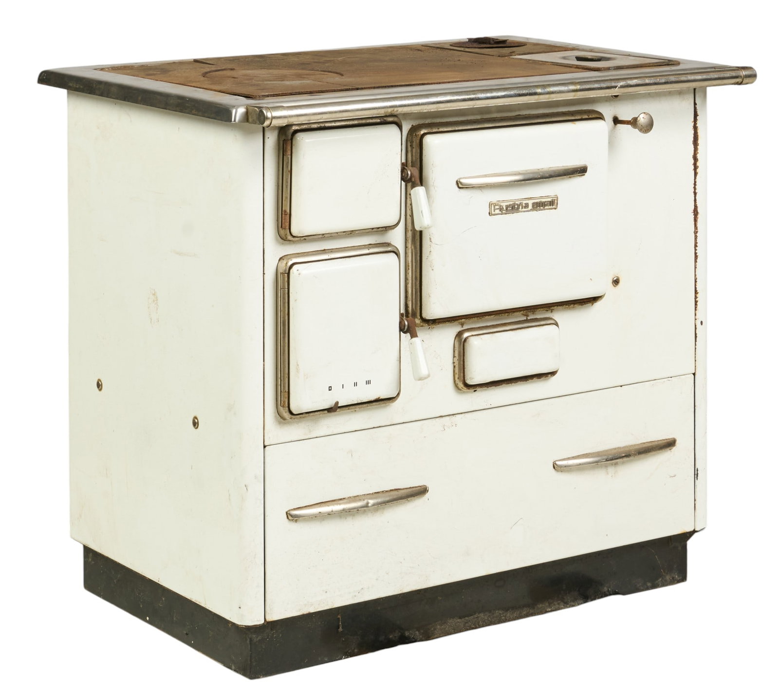 Enameled Stove: Vintage enameled wood-burning kitchen cookstove with cast iron cooktop with removable lids, oven box, and warming drawer height 32.5 in. x depth 35. in. x depth 26 in. 
