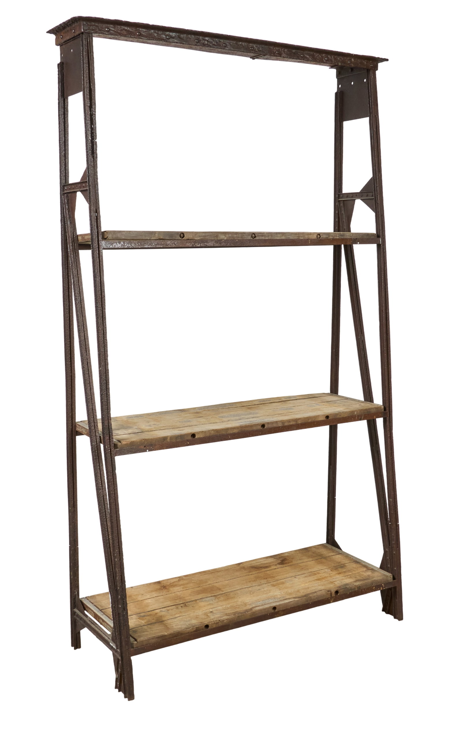 9 ft. Industrial Style Bookcase: Large nine-foot-tall industrial style bookcase with iron frame and wooden shelving height 108 in. x width 60 in. x depth 23 in. Provenance: Property from a home in Boerne, Texas