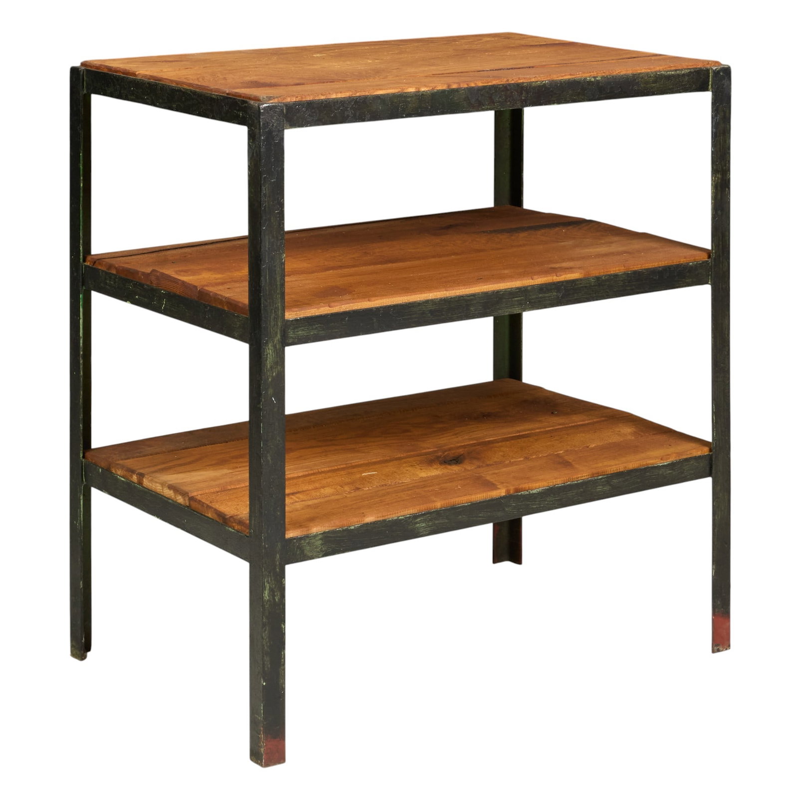 Industrial Shelf Unit: Three-tier industrial storage unit with wooden shelves and metal frame height 38.5 in. x width 36 in. x depth 24 
