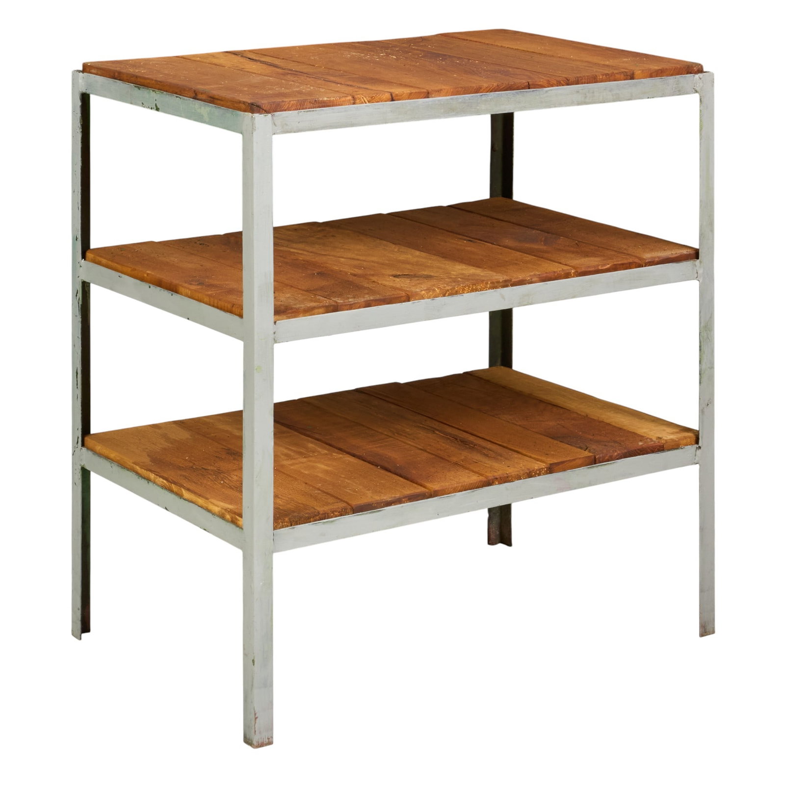 Industrial Shelf Unit: Three-tier industrial storage unit with wooden shelves and metal frame height 38.5 in. x width 36 in. x depth 24 