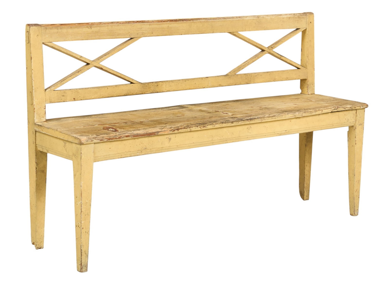 Farmhouse Bench: Rustic farmhouse bench with distressed yellow paint finish, supported on tapered legs height 34 in. x width 60 in. x depth 14.5 in. 