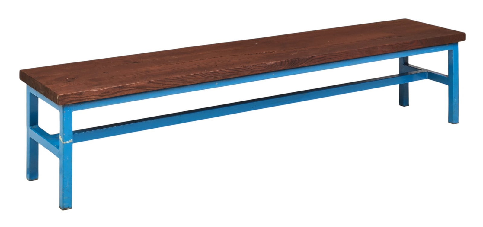 Wood and Metal Bench: Bench with single plank top supported on painted metal frame height 17.5 in. x width 84.5 in. x depth 17.75 