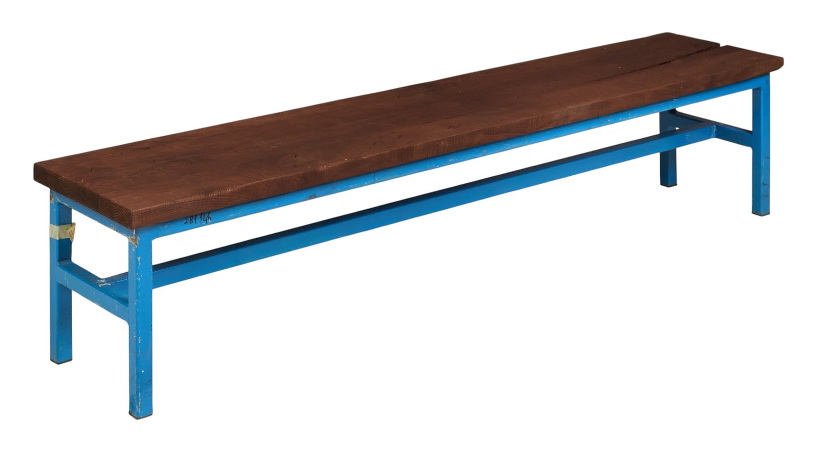 Wood and Metal Bench: Bench with single plank top supported on painted metal frame height 17.5 in. x width 84 in. x depth 17.75 in.