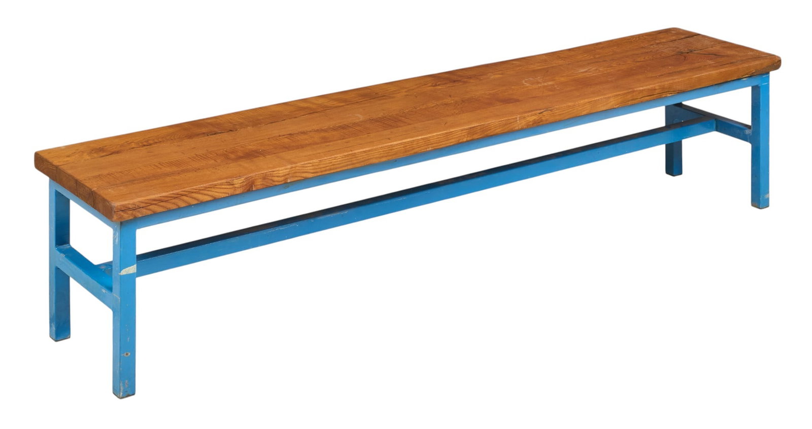 Wood and Metal Bench: Bench with single plank top supported on painted metal frame height 17.5 in. x width 84 in. x depth 17.75 in. 