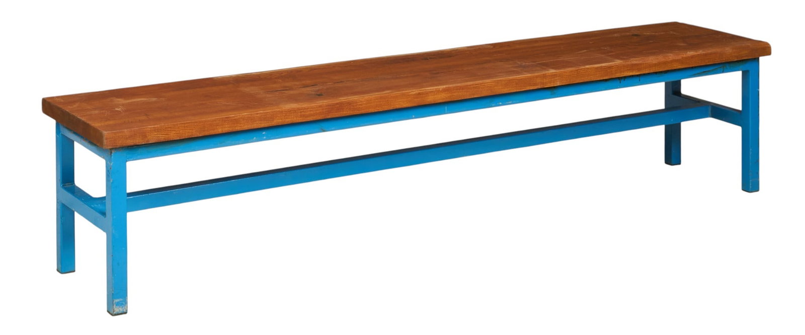 Wood and Metal Bench: Wooden plank top bench with painted metal base height 18 in. x width 84 in. x depth 18 in.