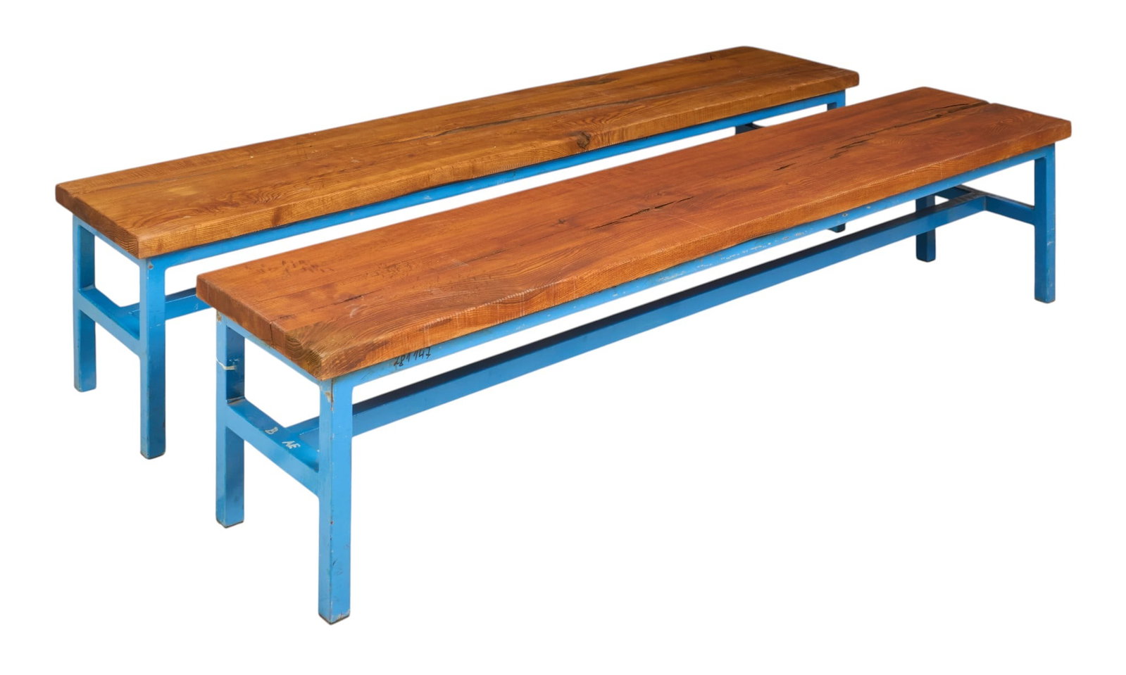 Pair of Benches: Pair of benches with single plank top supported on painted metal frame height 17.5 in. x width 84.5 in. x depth 17.75 in. / each