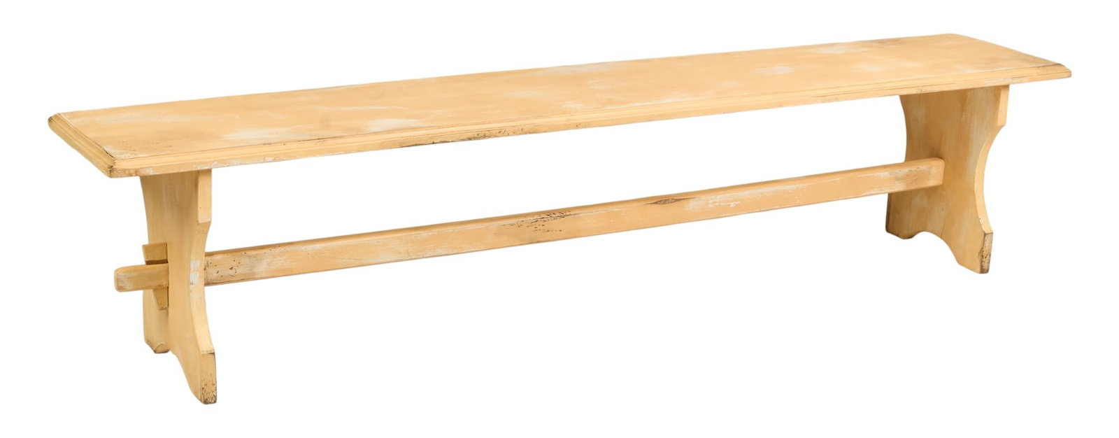 Rustic Bench: Rustic farmhouse bench with distressed cream-orange paint finish, supported on trestle legs height 18 in. x depth 87 in. x depth 15 in. 