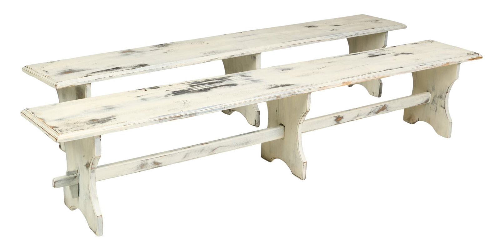 Pair of White-Washed Farmhouse Benches: Pair of rustic farmhouse benches with trestle legs and white-wash finish height 19 in. x width 98 in. x depth 15.25 in. / each 