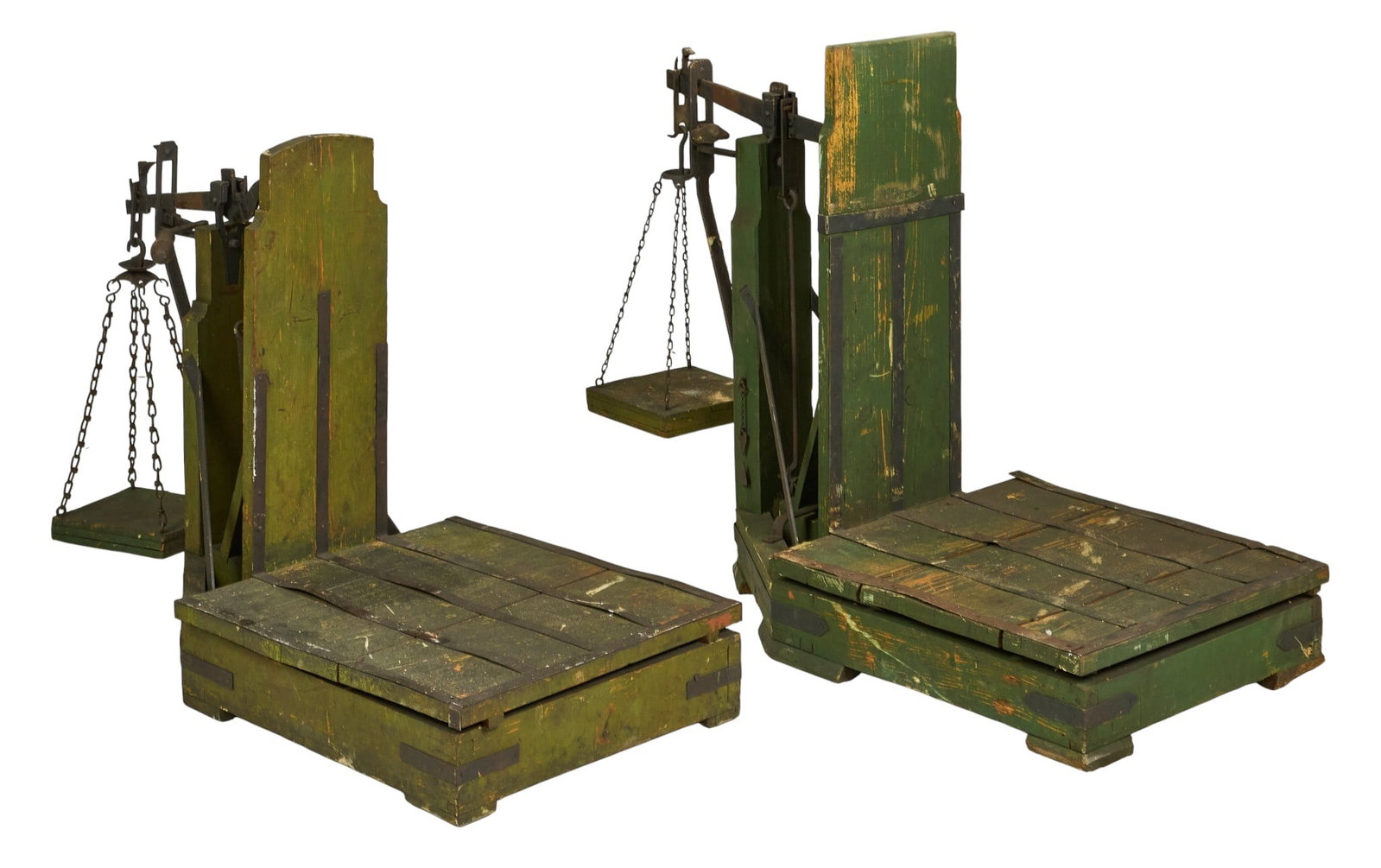 (2) Rustic Farmhouse Scales: Two rustic farmhouse food scales height 29 in. x width 41 in. x depth 19.5 in. / largest