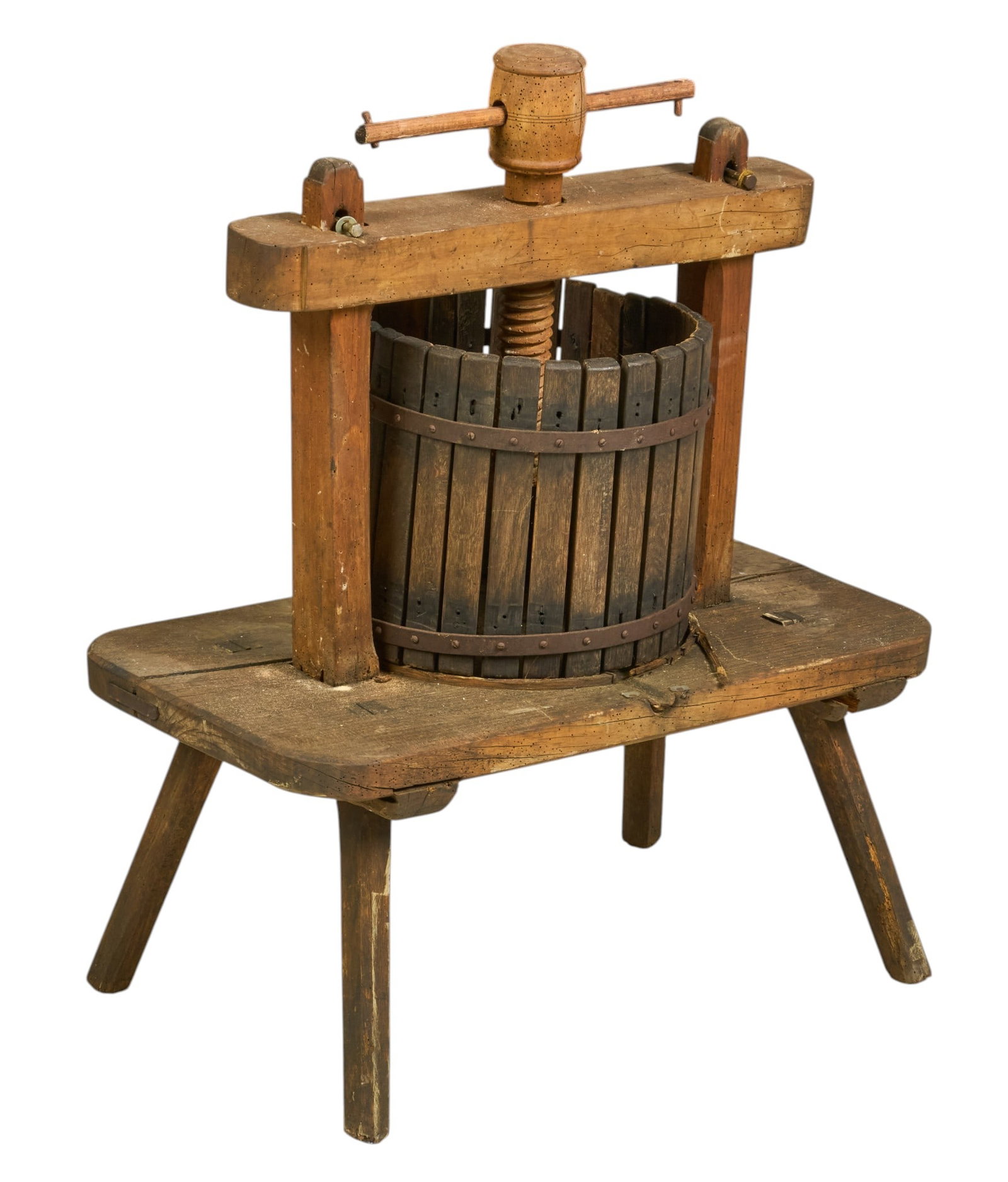 Farmhouse Fruit Press: Rustic farmhouse fruit press supported on splayed legs height 38 in. x width 31.5 in. x depth 19 in.