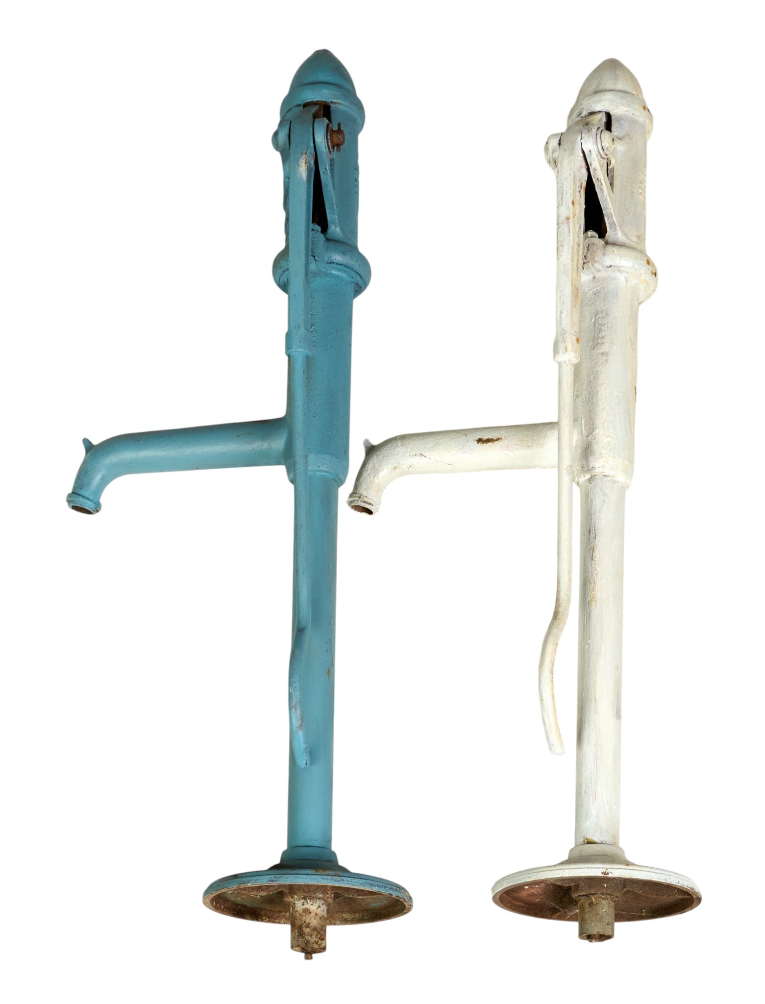 (2) Iron Water Pumps: Two painted iron farmhouse water pumps height 48 in. x width 16 in. x depth 11 in. / largest