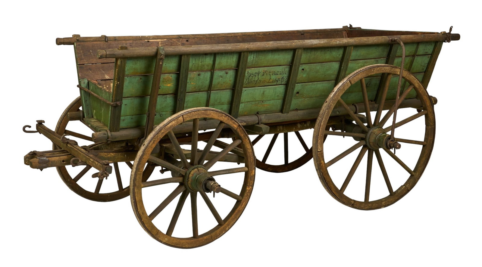15 ft. Full Size Wagon: Full size farm wagon, wood and iron construction, with spoke wheels height 62 in. x width 185 in. x depth 45 in. (height 5 ft. 2 in. x width 15 ft. 5 in. x depth 3 ft. 9 in.) 