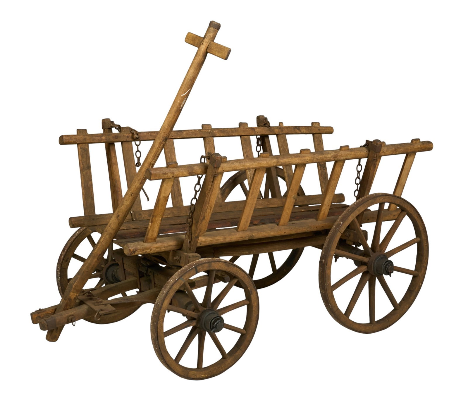 Famhouse Hay Wagon: Rustic hay wagon, slatted sides and open ends, long handle, supported on iron banded spoke wheels height 31.5 in. x width 111 in. x depth 35