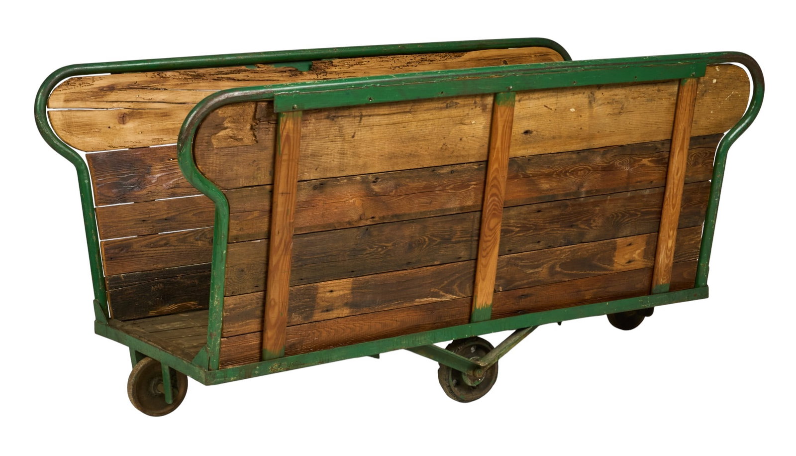 Industrial Wooden Cart: Wooden railway cart with green painted metal frame and weathered plank bed, on wheels height 36 in. x width 71 in. x depth 34 in.