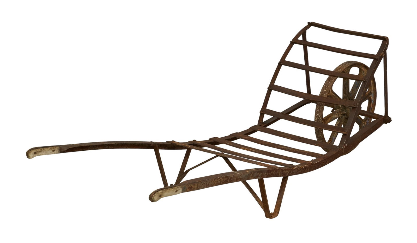 Rustic Metal Farmhouse Wheelbarrow: Metal wheelbarrow with a rustic patina, slatted bed and a spoked wheel. height 80 in. x width 21 in. x depth 27 in.