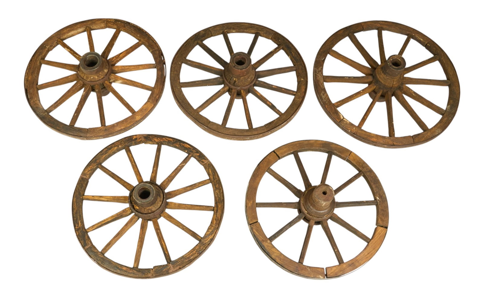 (5) Wagon Wheels: Five spoke wagon wheels diameter 42 in. / x depth 14 in. / largest 