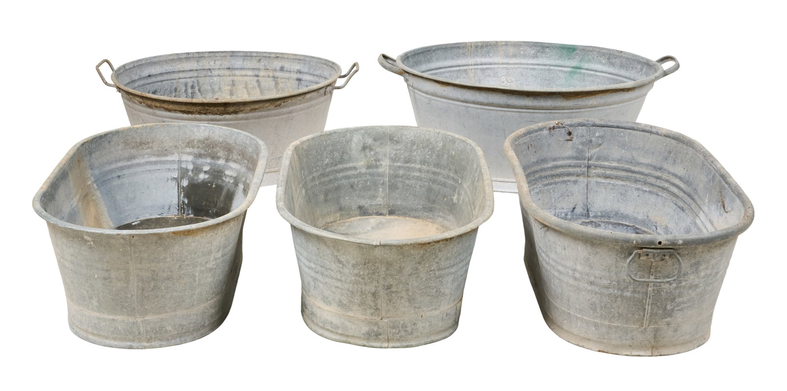 (5) Galvanized Washtubs: Five galvanized metal wash tubs, various sizes height 14 in. x width 23.5 in. x depth 33.5 in. / largest