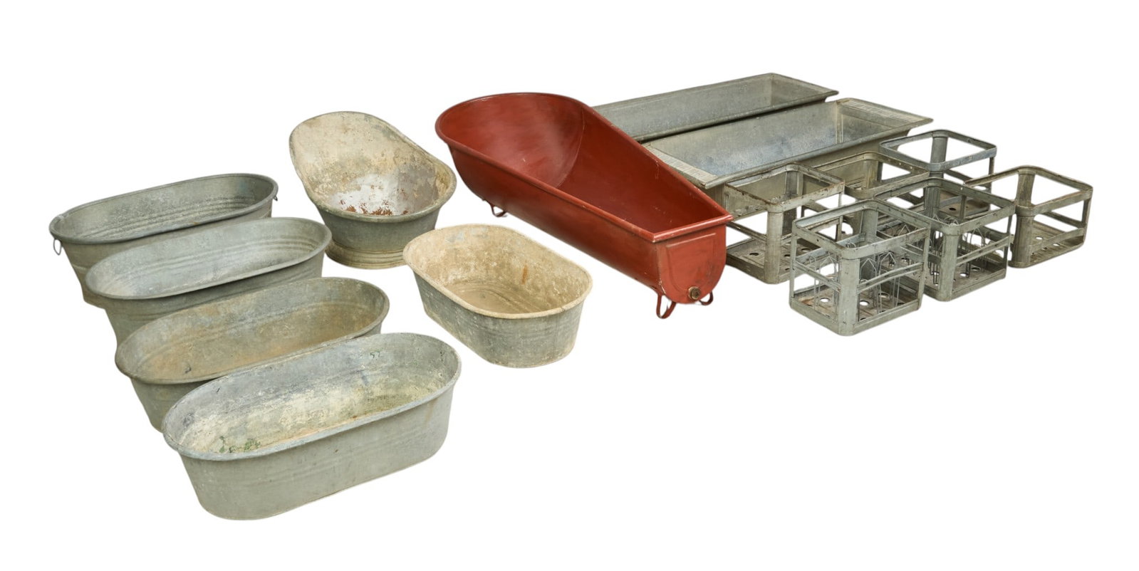 (15) Galvanized Metal Tubs and Crates: Collection of galvanized steel wash tubs, sitz baths, one red-painted metal cowboy bathtub, and rustic metal crates height 65 in. x width 28 in. x depth 15.5 in. / largest