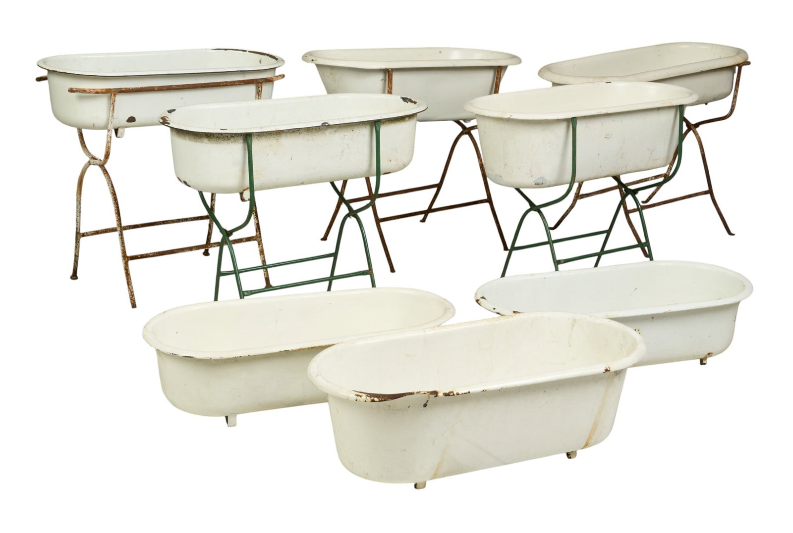(8) Wash Stands: Collection of eight enameled wash tubs, with five folding metal stands height 32 in. x width 35.5 in. x depth 17.5 in. / tallest 