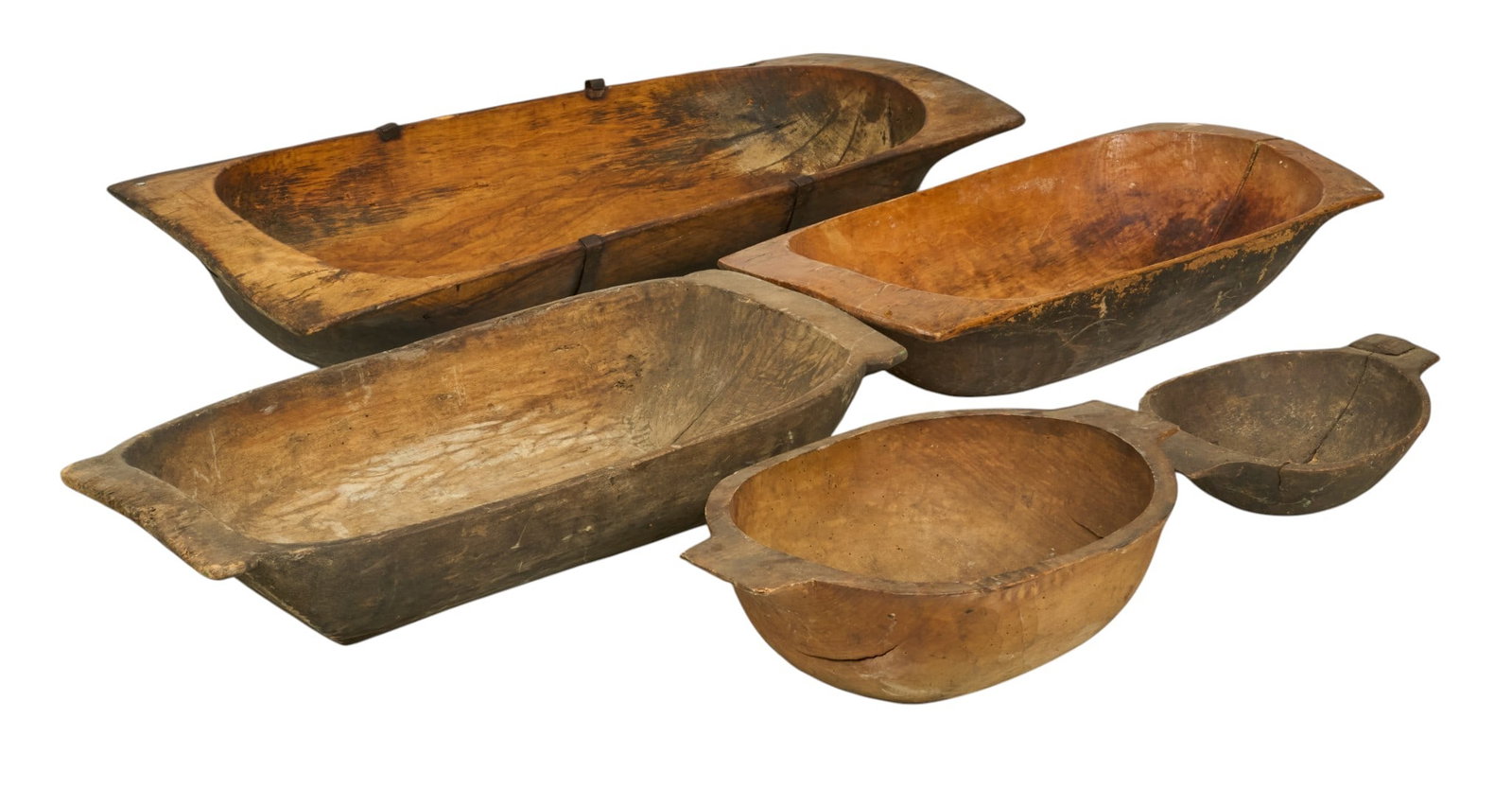 (5) Dough Trays: Five various rustic wooden dough bowls height 8 in. x width 42 in. x depth 17.5 in. / largest 