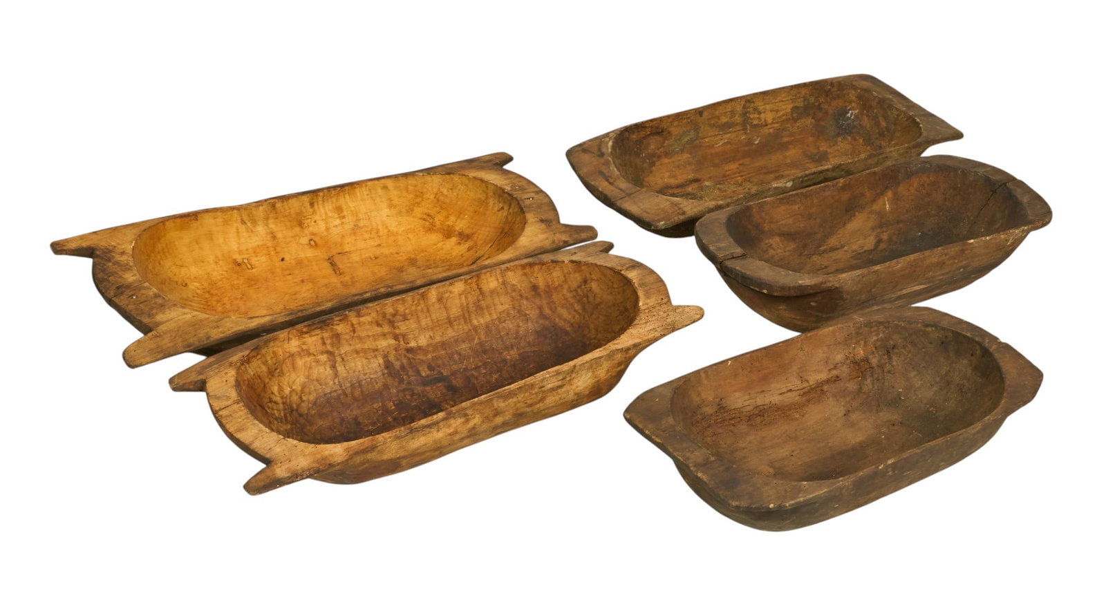 (5) Dough Trays: Five various rustic wooden dough bowls height 7 in. x width 39 in. x depth 16 in. / largest