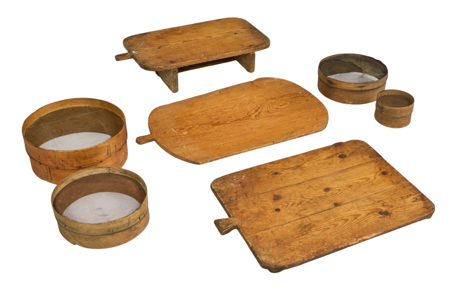 Wooden Farmhouse Baking Items: Three bread trays and four flour sifts height 6 in. x width 29 in. x depth 15 in. / largest