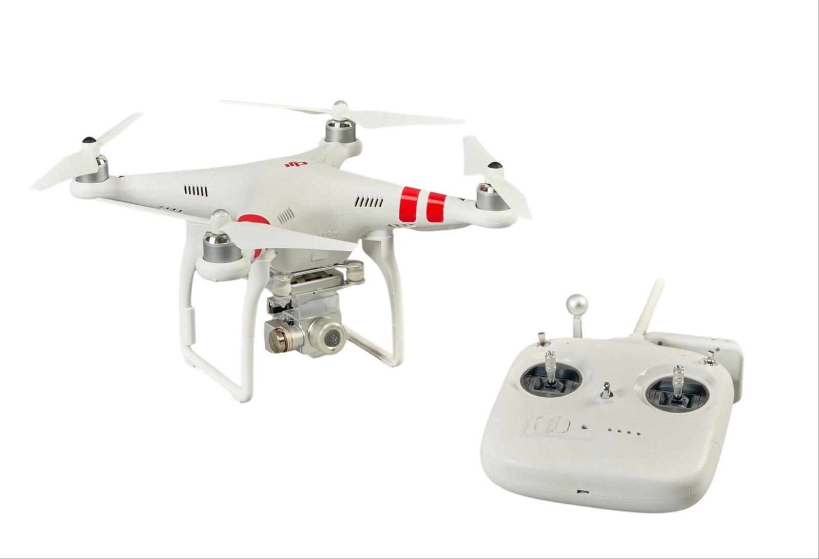 DJI Phantom 2 Vision+ Drone: White DJI Phantom 2 Vision+ quadcopter drone with an integrated camera and its matching white remote control, includes two battery packs, four extra blades, charging cable, and heavy-duty