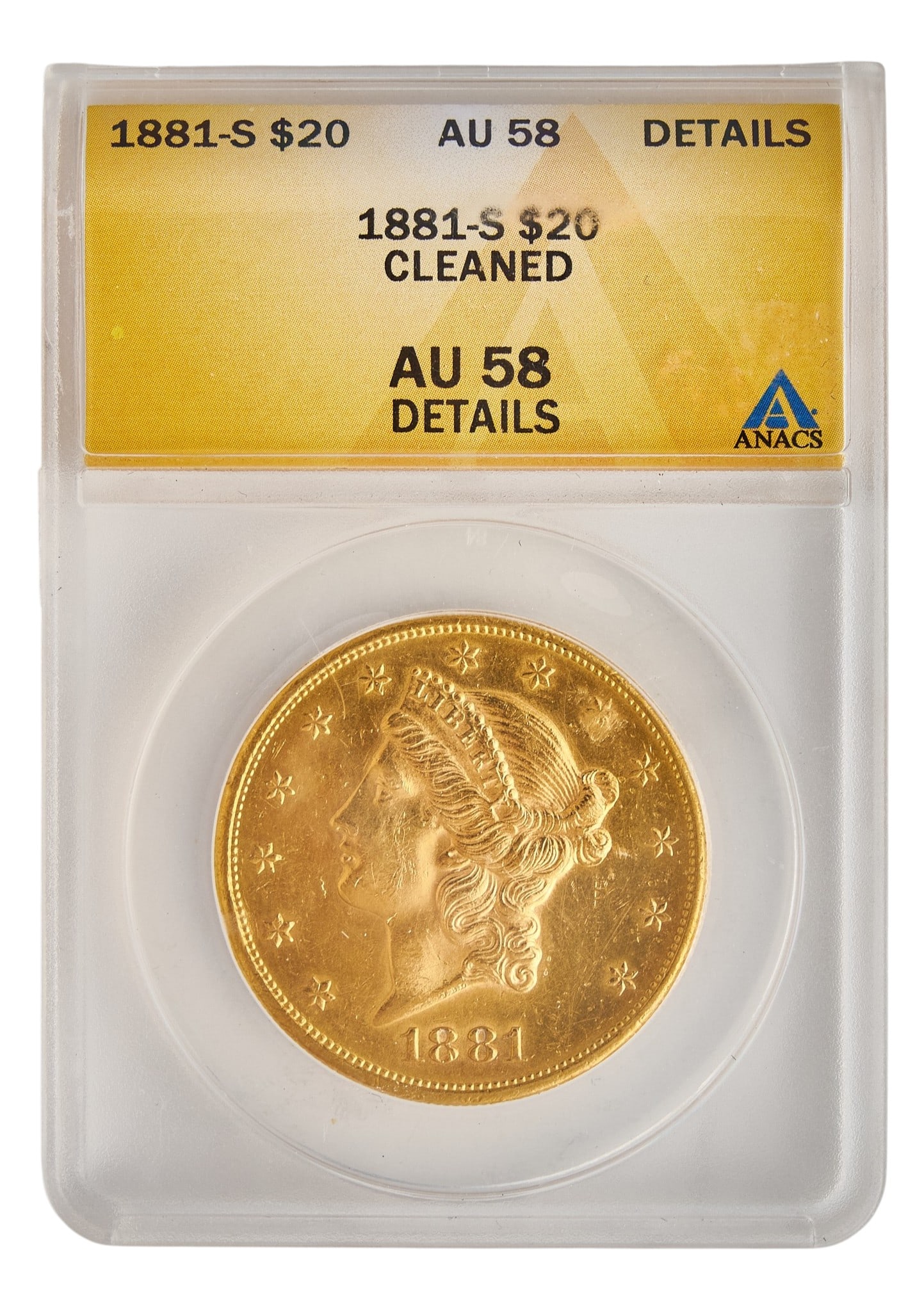 1881-S AU58 $20 Liberty Double Eagle Gold Coin: 1881-S $20 Liberty Double Eagle gold coin, slabbed and graded AU58 Provenance: Property from the Estate of Joy Speck Wilson (1942-2026) from her Menard, Texas ranch home