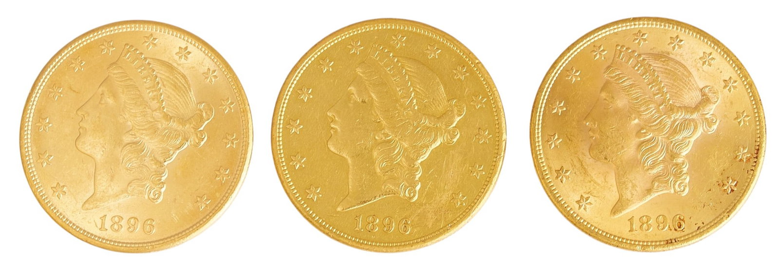 (3) $20 Liberty Head Double Eagle Gold Coins: Three $20 Liberty Head Double Eagle gold coins, to include, 1896-S Liberty Head Double Eagle, and two 1896 Liberty Head Double Eagle Provenance: Property from the Estate of Joy Speck Wilson (1942