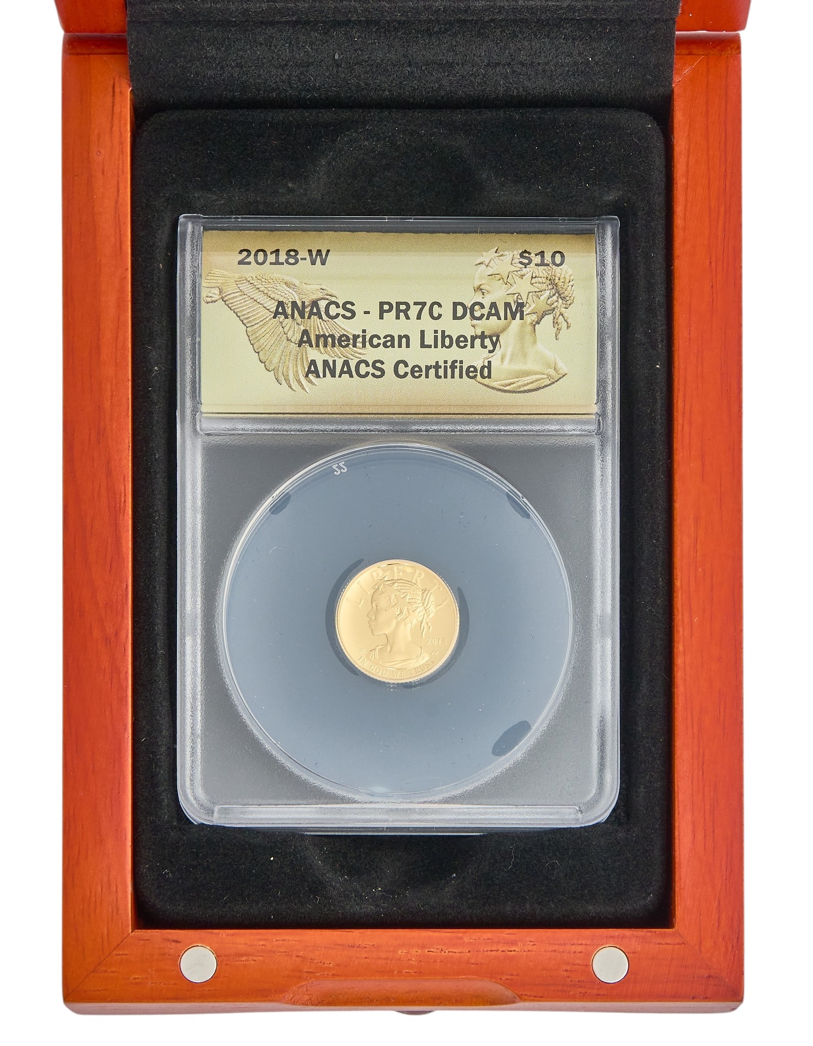 2018 American Liberty $10 Gold Coin: 2018 American Liberty $10 gold coin, 1/10 ounce .999 fine gold, slabbed and graded, with COA and case Provenance: Property from a home in San Antonio, Texas 