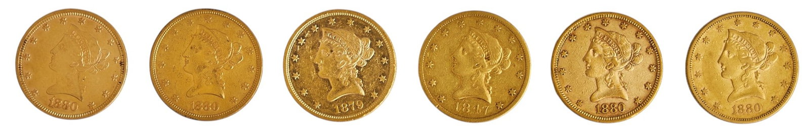 (6) $10 Liberty Head Eagle Gold Coins: Six $10 Liberty Head Eagle gold coins, to include, 1847 Liberty Head Eagle, 1879-S Liberty Head Eagle, three 1880 Liberty Head Eagles, 1880-S Liberty Head Eagle Provenance: Proper