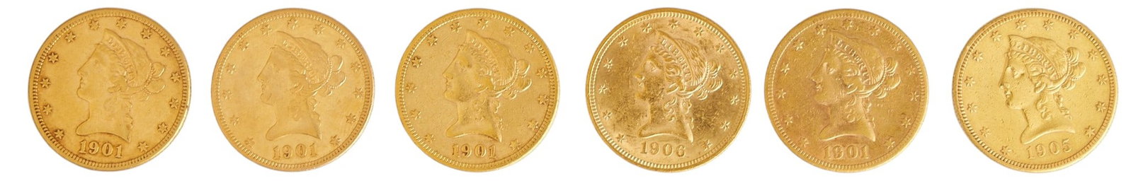 (6) $10 Liberty Head Eagle Gold Coins: Six Liberty Head Eagle gold coins, to include four 1901 Liberty Head Eagles, one 1905 Liberty Head Eagle, and one 1906 Liberty Head Eagle Provenance: Property from the Estate of Joy Speck Wi