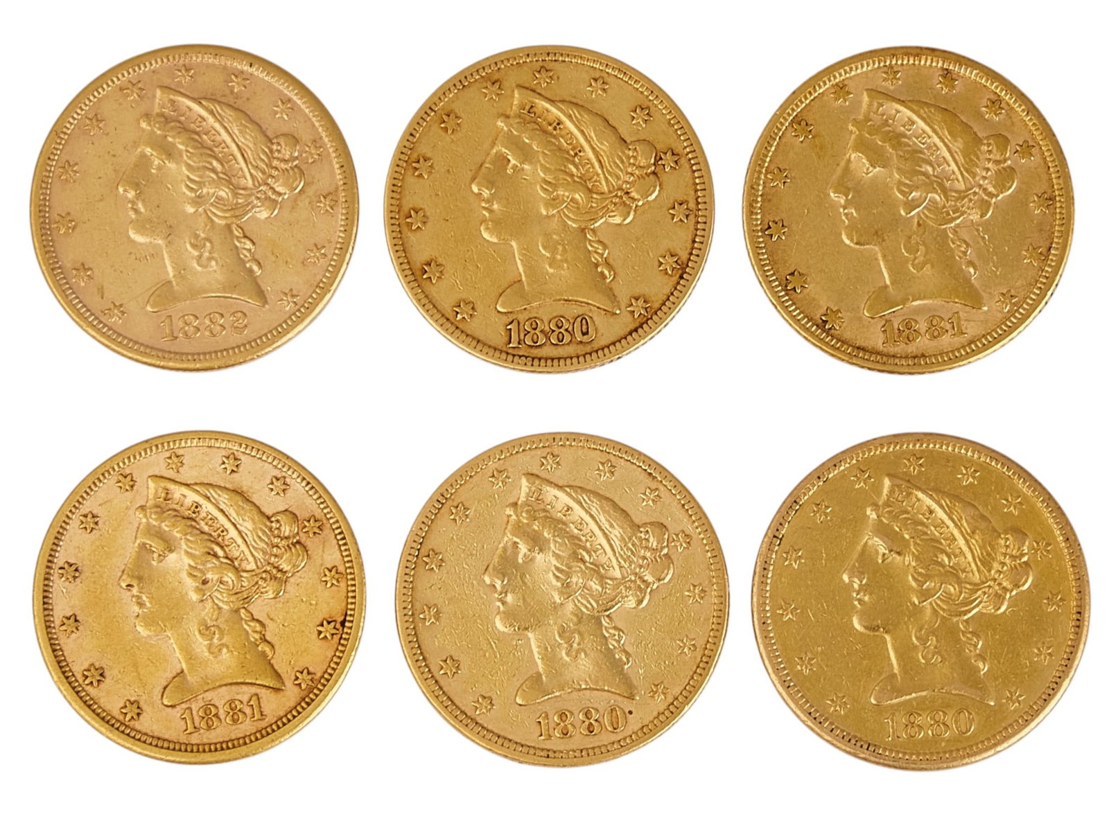 (6) $5 Liberty Head Half Eagle Gold Coins (1 of 2)