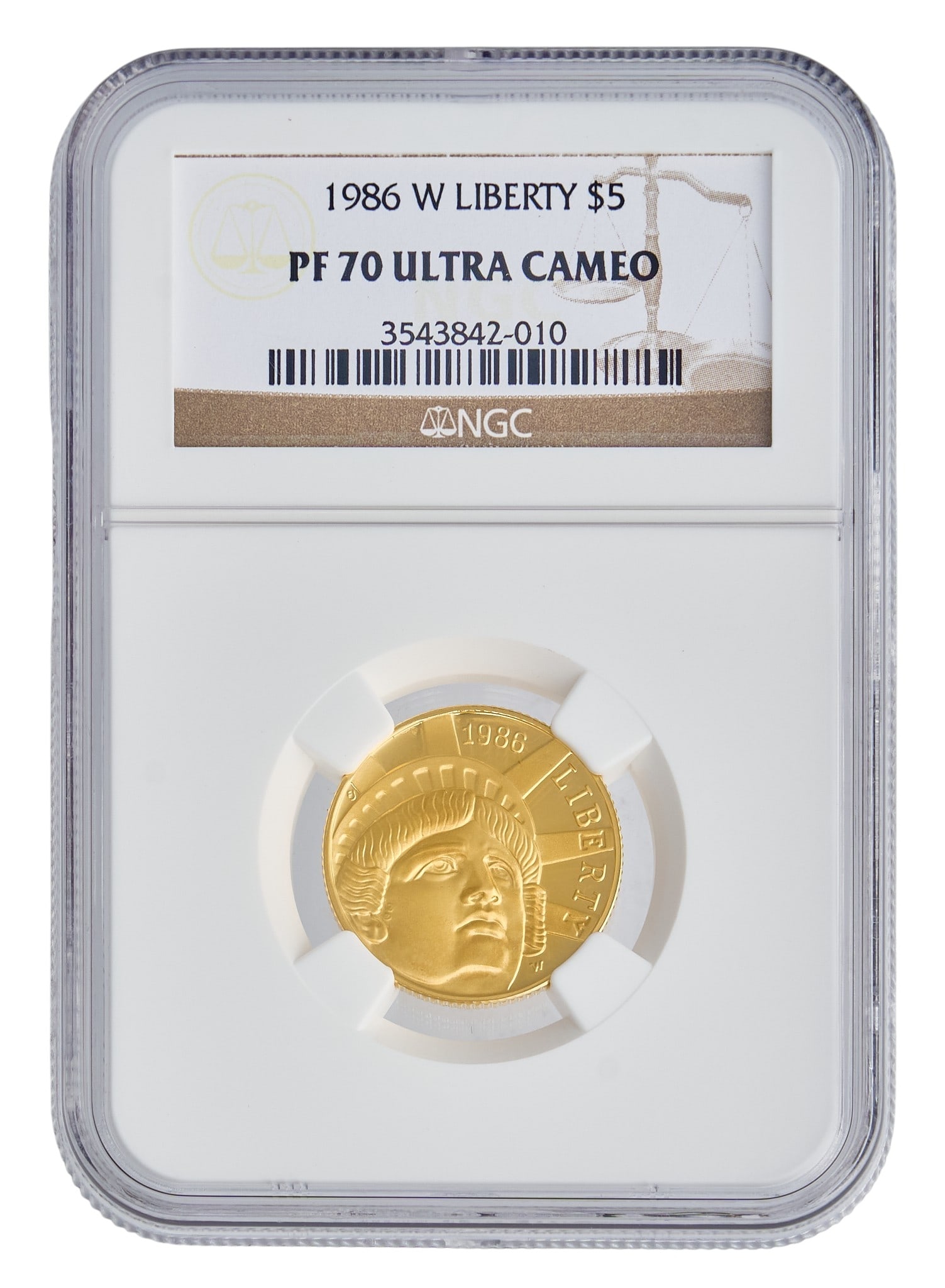 1986 PF70 Ultra Cameo $5 Statue of Liberty Gold Coin: 1986 $5 Statue of Liberty gold coin, slabbed, and graded PF70 Provenance: Property from the Estate of Joy Speck Wilson (1942-2026) from her Menard, Texas ranch home