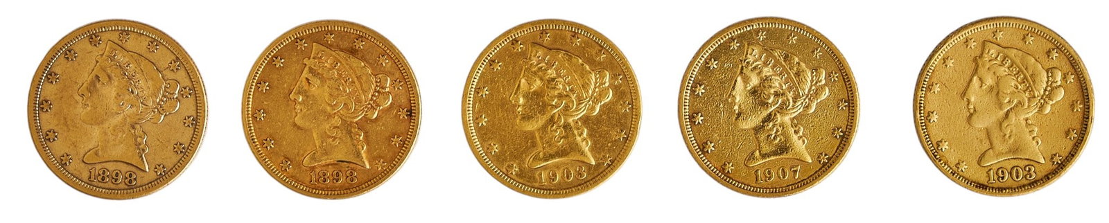 (5) $5 Liberty Head Half Eagle Gold Coins (1 of 2)