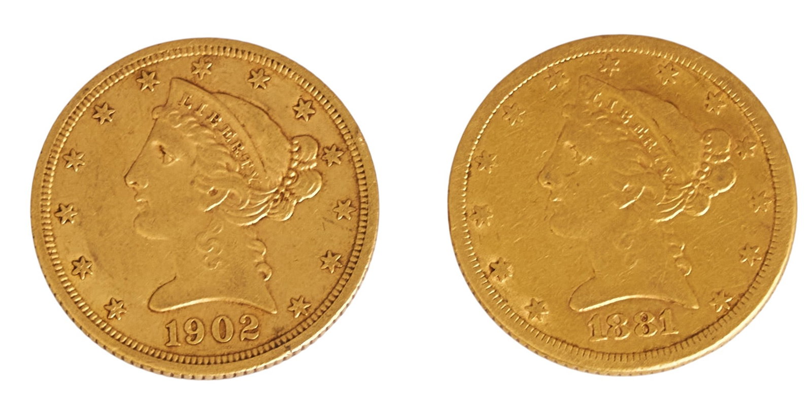 (2) $5 Liberty Head Half Eagle Gold Coins: Two $5 Liberty Head Half Eagle coins, to include, 1902-S Liberty Head Half Eagle, and one 1881 Liberty Head Half Eagle with motto Provenance: Property from the Estate of Joy Speck Wilson (1942-2026) f