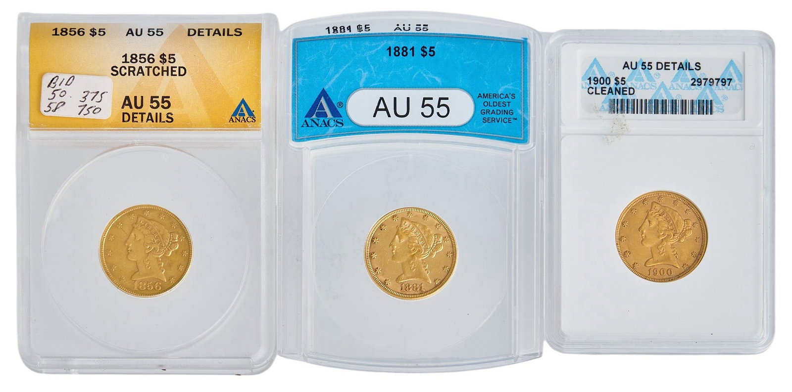 (3) $5 Liberty Head Half Eagle Gold Coins: Three $5 Liberty Head Half Eagle gold coins, each slabbed, and graded, to include, 1856 AU55 Liberty Head Half Eagle, 1881 AU55 Liberty Head Half Eagle with motto, 1900 AU55 Liberty Head Hal