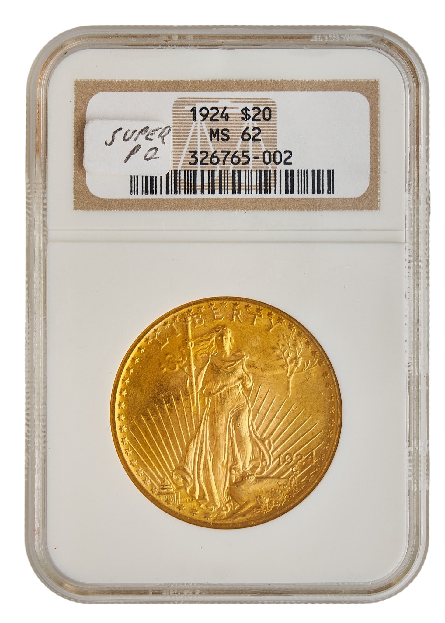 1924 MS62 Saint-Gaudens Double Eagle Gold Coin: 1924 Saint-Gaudens Double Eagle with motto gold coin, slabbed and graded MS62 Provenance: Property from the Estate of Joy Speck Wilson (1942-2026) from her Menard, Texas ranch home