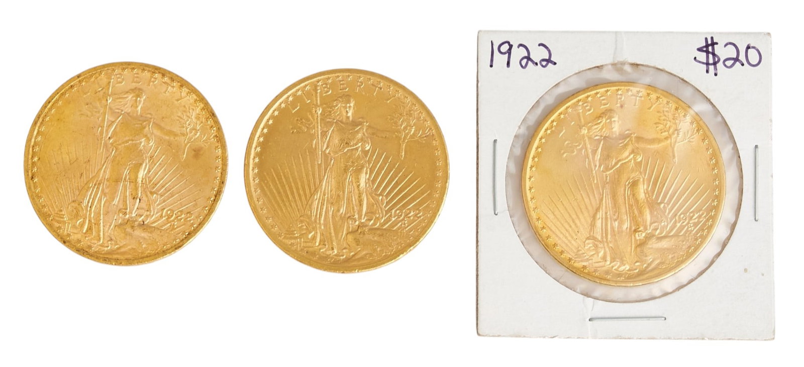 (3) 1922 Saint-Gaudens Double Eagle Gold Coins: Three 1922 Saint-Gaudens Double Eagle with motto gold coins Provenance: Property from the Estate of Joy Speck Wilson (1942-2026) from her Menard, Texas ranch home