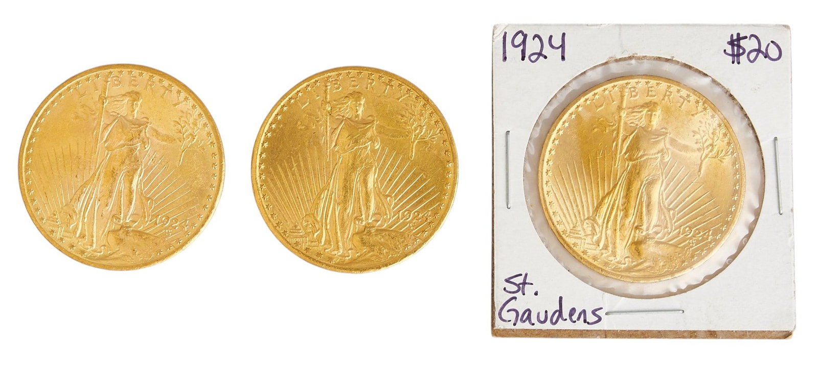 (3) 1924 Saint-Gaudens Double Eagle Gold Coins: Three 1924 Saint-Gaudens Double Eagle with motto gold coins Provenance: Property from the Estate of Joy Speck Wilson (1942-2026) from her Menard, Texas ranch home