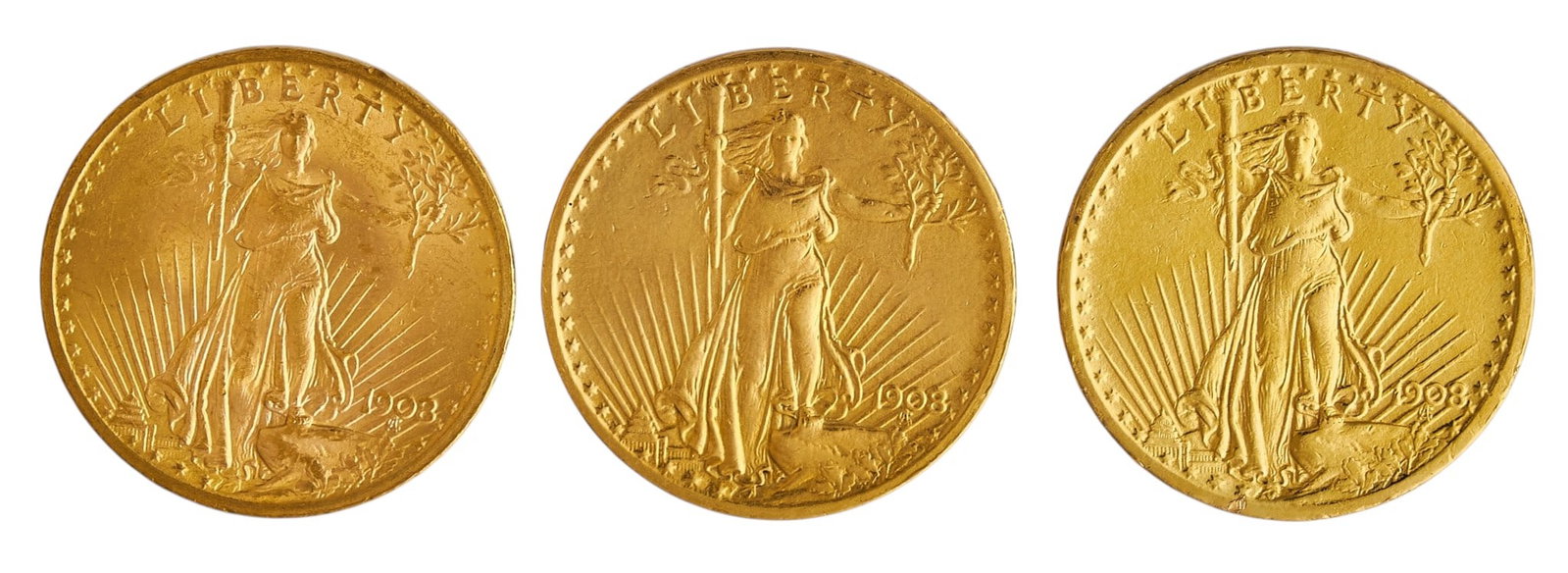 (3) 1908 Saint-Gaudens Double Eagle Gold Coins: Three 1908 Saint-Gaudens Double Eagle gold coins Provenance: Property from the Estate of Joy Speck Wilson (1942-2026) from her Menard, Texas ranch home