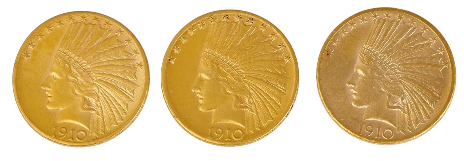 (3) $10 Indian Head Gold Coins: Three $10 Indian Head with motto gold coins, to include, one 1910 Indian Head with motto, and two 1910-D Indian Head with motto coins Provenance: Property from the Estate of Joy Speck Wilson (1942-202
