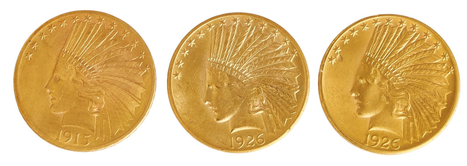 (3) $10 Indian Head Gold Coins: Three Indian Head with motto gold coins, to include, two 1926 Indian Head with motto, and one 1915 Indian Head with motto Provenance: Property from the Estate of Joy Speck Wilson (1942-2026) from her 
