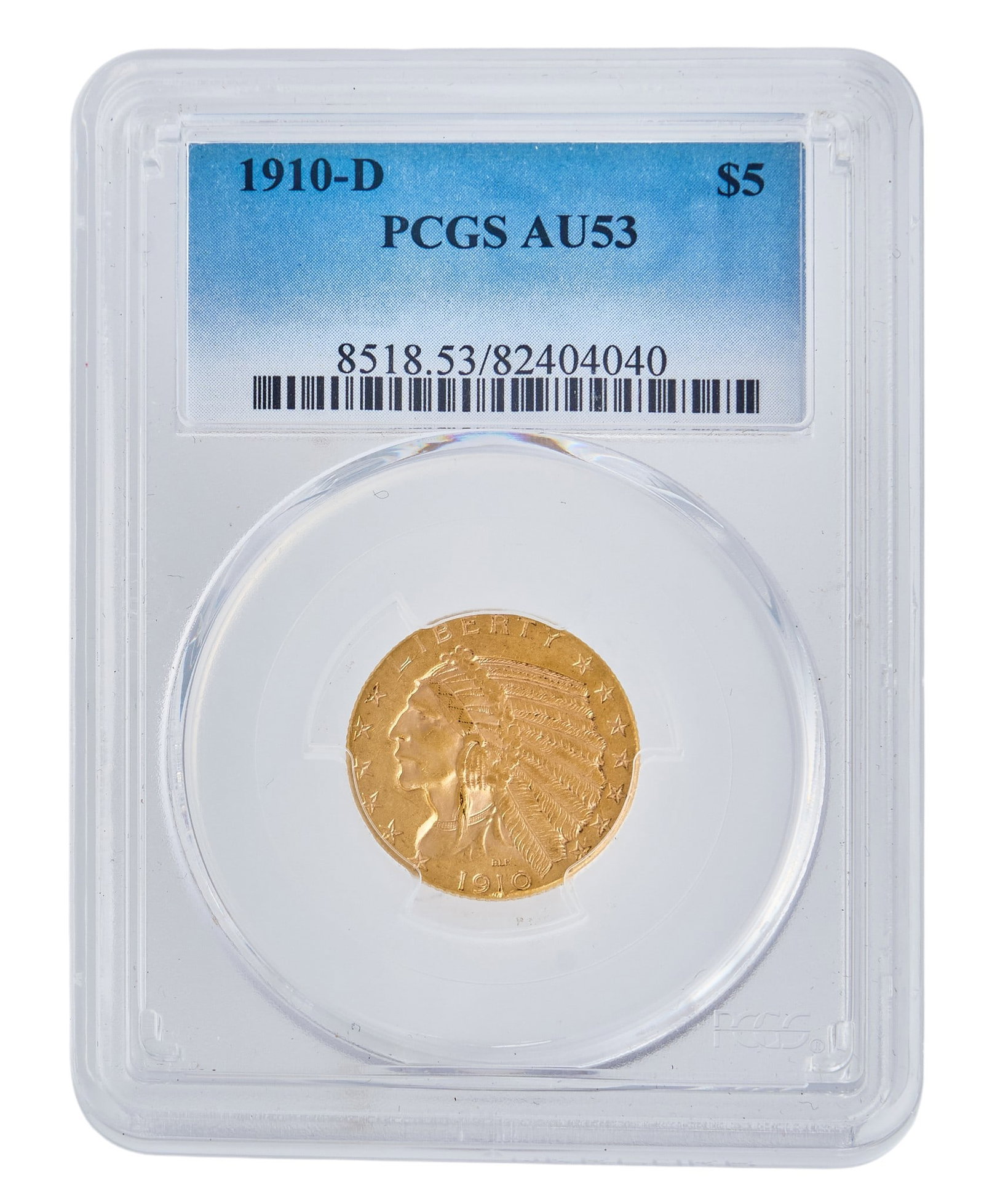 1910 AU53 Indian Head $5 Gold Coin: 1910 Indian head $5 gold coin, slabbed and graded AU53 Provenance: Property from a home in San Antonio, Texas
