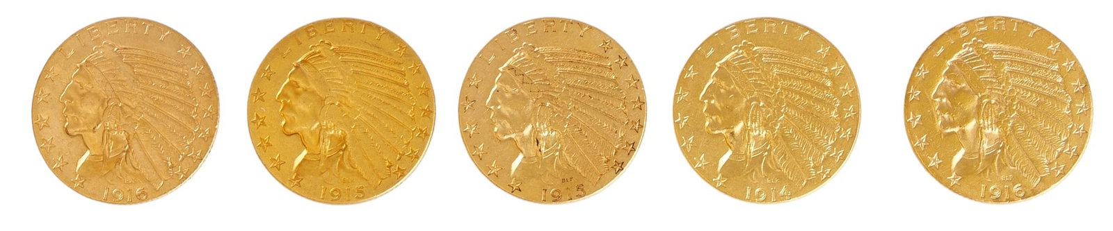 (5) $5 US Indian Head Eagle Gold Coins (1 of 2)