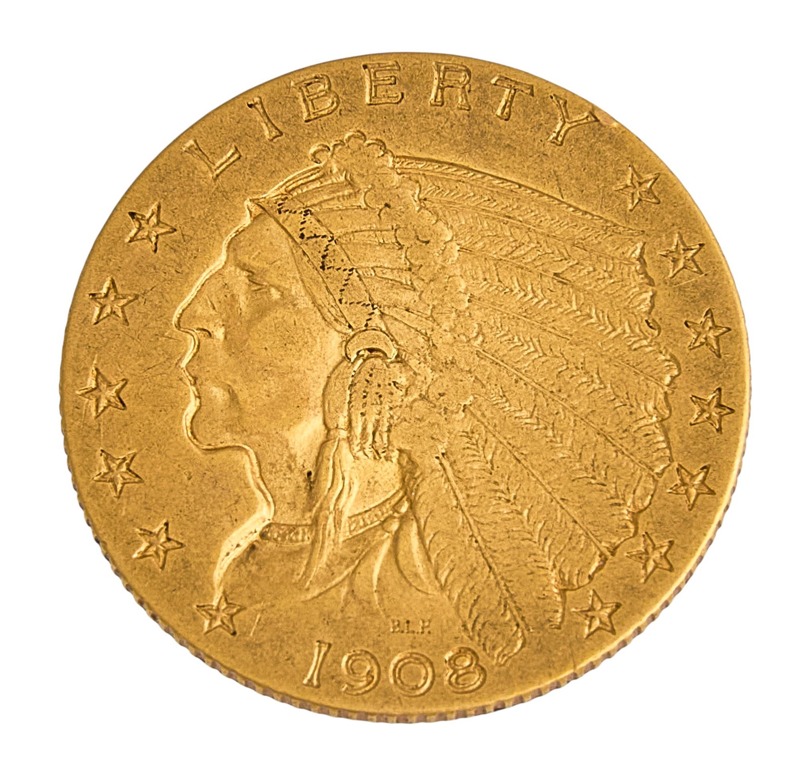 1908 $2.5 Indian Head Quarter Eagle Gold Coin: 1908 $2.5 Indian Head Quarter Eagle gold coin Provenance: Property from the collection of an industrial chemicals entrepreneur, from his Alamo Heights, Texas home 