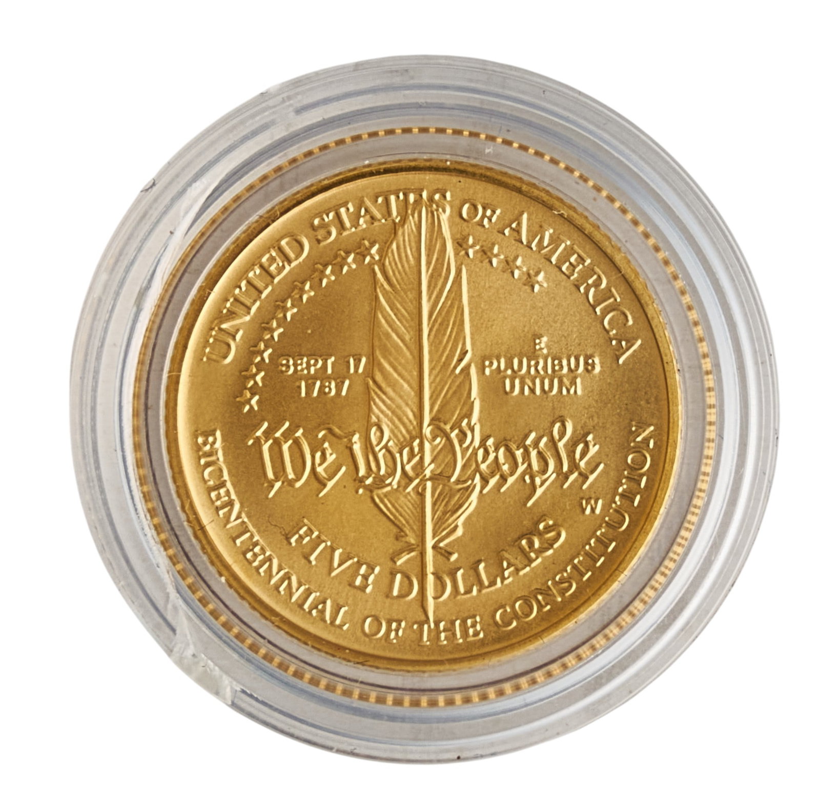 1987 PF70 $5 Constitutional Bicentennial Gold Coin: 1987 $5 Constitutional Bicentennial gold coin, slabbed, and graded PF70 Provenance: Property from the Estate of Joy Speck Wilson (1942-2026) from her Menard, Texas ranch home