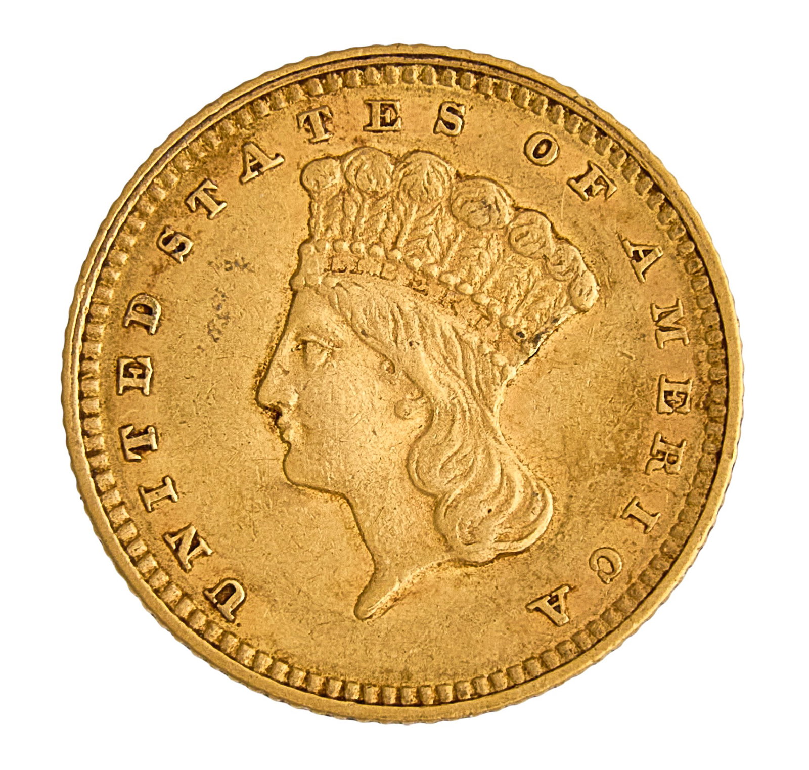 1862 $1 Indian Princess Type 2 Gold Coin: 1862 $1 Indian Princess type 2 gold coin Provenance: Property from the collection of an industrial chemicals entrepreneur, from his Alamo Heights, Texas home 