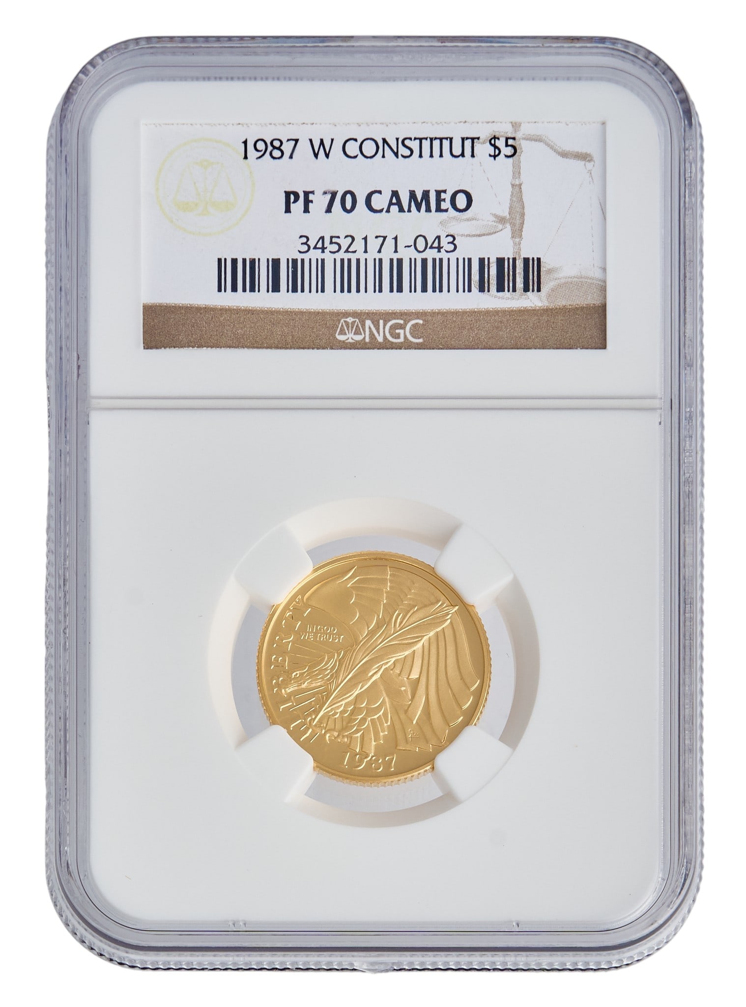 1987 PF70 Cameo $5 United States Constitution Bicentennial Gold Coin: 1987 $5 United States Constitution Bicentennial gold coin, slabbed, and graded PF70 Cameo Provenance: Property from the Estate of Joy Speck Wilson (1942-2026) from her Menard, Texas ranch home